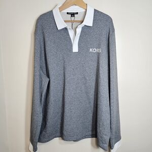 Michael Kors Gray Long Sleeve Polo Shirt Men XXL Stretch Knit Collared Top